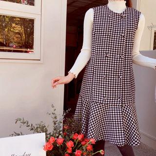Ruffle-hem Houndstooth Midi Vest Dress