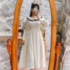 Puff-sleeve Double-breasted Midi A-line Dress