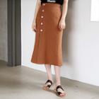 Button-front Slit-hem Midi Skirt