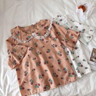 Floral Lace Panel Peter-pan Collar Short-sleeve Blouse