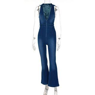 Sleeveless Collar Denim Straight Leg Jumpsuit