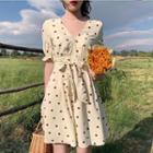 Tie-waist Dotted Frilled Trim A-line Dress