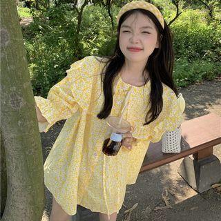 Elbow-sleeve Floral Blouse Yellow - One Size