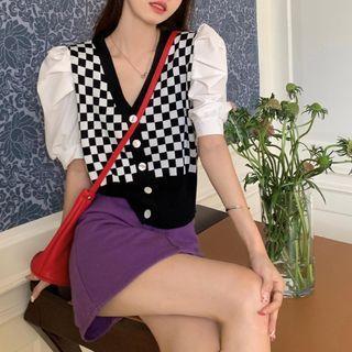 Puff Sleeve Shirt Check - Black & White - One Size