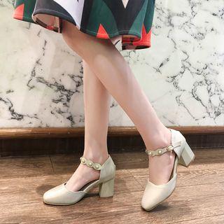 Faux Leather Beaded Ankle Strap Block Heel Dorsay Pumps