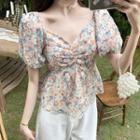 Puff Sleeve V-neck Floral Cropped Top
