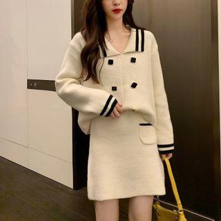 Set: Contrast Trim Collar Sweater + Mini A-line Skirt