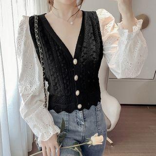 Long-sleeve Button-up Eyelet Lace Crop Top