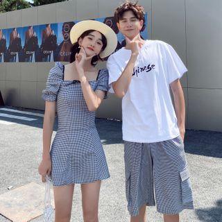 Couple Matching Short-sleeve Lettering T-shirt / Shorts / Balloon-sleeve Plaid A-line Dress