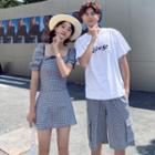 Couple Matching Short-sleeve Lettering T-shirt / Shorts / Balloon-sleeve Plaid A-line Dress