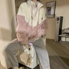 Long-sleeve Color-block Jacket Pink & White - One Size