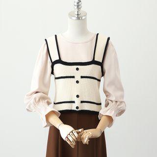 Set: Long-sleeve Blouse + Contrast Trim Knit Tank Top