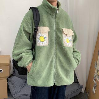 Floral Color Block Zipped Shearling Coat