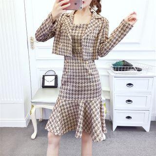 Set: Houndstooth Cropped Blazer + Spaghetti Strap Ruffle Hem Sheath Dress