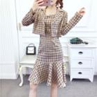 Set: Houndstooth Cropped Blazer + Spaghetti Strap Ruffle Hem Sheath Dress