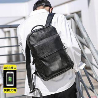 Faux Leather Backpack Usb - Black - One Size
