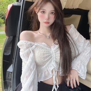 Long-sleeve Off-shoulder Drawstring Shirt
