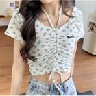 Halter-neck Floral Print Drawstring T-shirt White - One Size