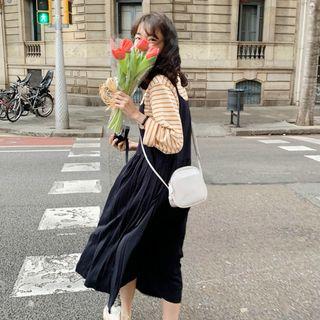 Striped Long-sleeve T-shirt / Pleated Hem Midi Pinafore Dress