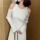 Plain Cutout Long-sleeve Slim-fit Knit Dress
