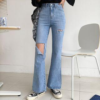 Distressed Slit-hem Boot-cut Jeans