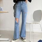 Distressed Slit-hem Boot-cut Jeans