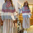 Stripe Sweatshirt/ Accordion Pleated Midi Skirt/ Fleece Scarf/ Set