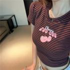 Short-sleeve Cherry Print Striped T-shirt