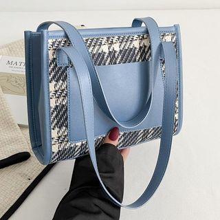 Plaid Panel Faux Leather Tote Bag