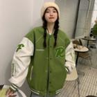 Two-tone Lettering Baseball Jacket Green - One Size
