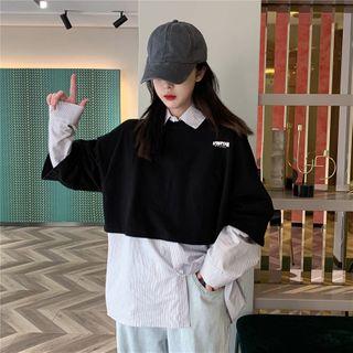 Pinstriped Shirt / Elbow-sleeve Crop T-shirt