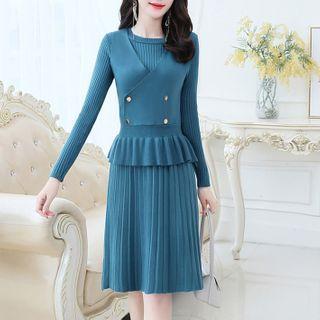 Set: Long-sleeve Knit Midi A-line Dress + Ruffle Hem Vest