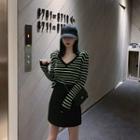 Striped V-neck Sweater / High-waist A-line Skirt