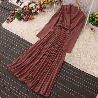Accordion Pleat Maxi A-line Blazer Dress