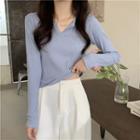 Long-sleeve Open Placket Ribbed T-shirt