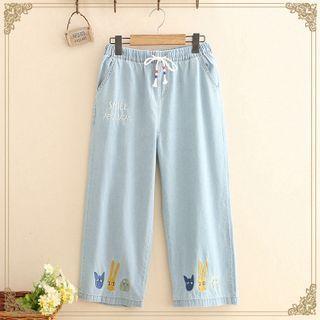Animal Embroidered Wide-leg Jeans