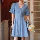 Short-sleeve V-neck Denim Mini A-line Dress