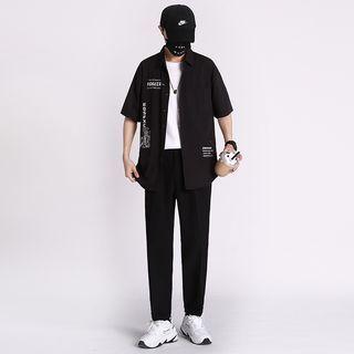 Lettering Shirt / T-shirt / Straight Leg Pants / Set