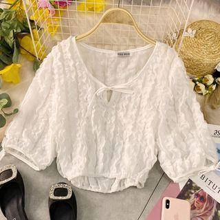 Bow-detail Ruffled Short-sleeve Chiffon Blouse