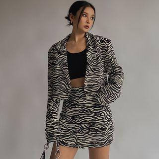 Set: Padded-shoulder Zebra-print Crop Blazer + High-waist Mini Skirt