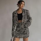 Set: Padded-shoulder Zebra-print Crop Blazer + High-waist Mini Skirt