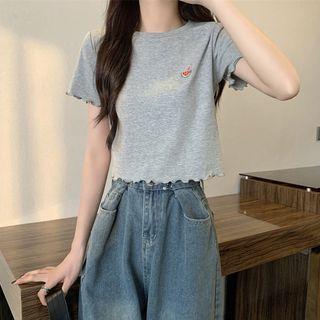 Short-sleeve Watermelon Embroidered Lettuce Edge Cropped T-shirt