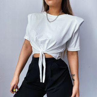 Short-sleeve Shoulder-padded Tie-front Crop Top