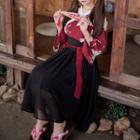 Set: Flower Print Wrap Top + Chiffon Skirt Top - Red - One Size / Skirt - Black - One Size