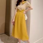 Two-tone Panel Collared Short-sleeve Midi A-line Dress