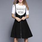 Set: Lettering 3/4 Sleeve T-shirt + Zip Front Pinafore Dress