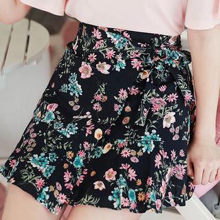 Frill-hem Wrap-front Floral Mini Skirt