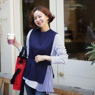Set: Knit Vest + Pleated-panel Striped Shirt With Belt