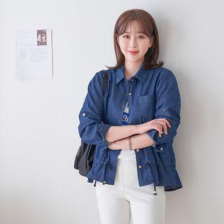 Dual-pocket Drawstring-hem Denim Shirt