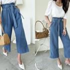 High-waist Straight-cut Jeans With Sash Blue - One Size